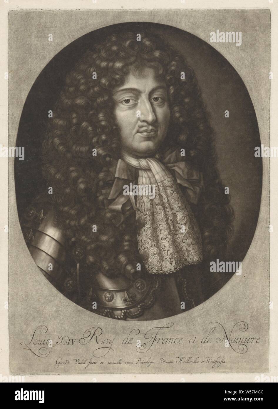 Portrait von Louis XIV., König von Frankreich, Ludwig XIV., König von Frankreich. Er trägt die Rüstung mit französischen Lilien, Keil, Rüstung, Fleur-de-Lis, Ornament verziert, Louis XIV (König von Frankreich), Gerard Valck (auf Objekt erwähnt), Amsterdam, 1662 - 1726, Papier, H 350 mm x B 252 mm Stockfoto