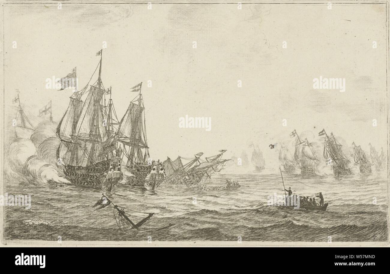 Schlacht von das neue Schiff Bataillon (Titel der Serie), Schlacht der holländischen und englischen Schiffe. In der Mitte, ein sinkendes Schiff, zwei Rettungsboote mit Menschen, Mast eines zweiten versunkenen Schiff noch sichtbar., Reinier Nooms, Niederlande, 1652 - 1726, Papier, drypoint, H 164 mm x B 260 mm Stockfoto