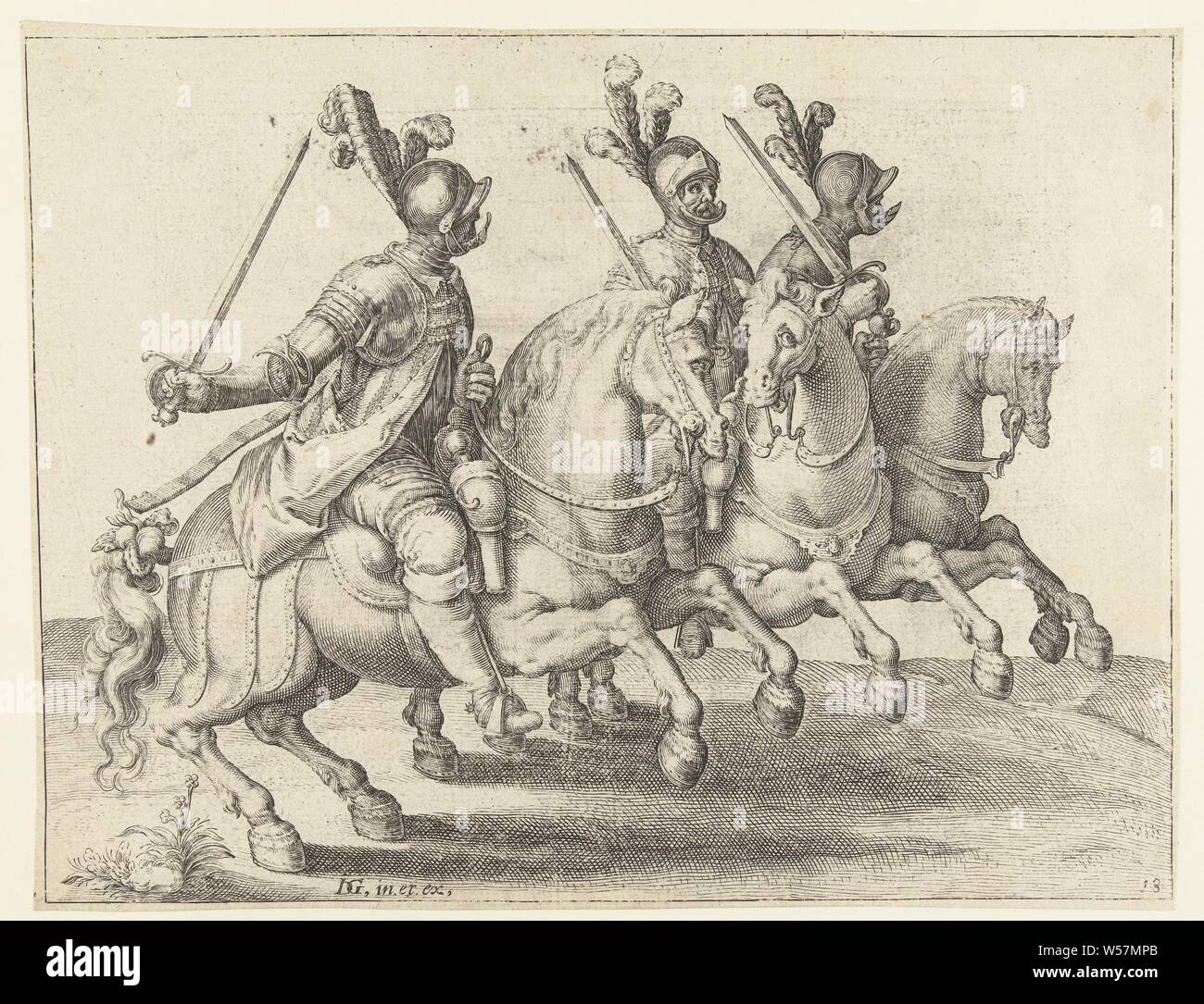 Drei Fahrer mit gezogenen Schwertern, drehte sich nach links, um die Reitschule (Titel der Serie), drei bewaffnete Männer auf dem Pferd, Reiten auf der rechten Seite, die jeweils mit einem Schwert in seiner rechten Hand. Dieser Ausdruck ist Teil einer Serie von 22 nummerierten druckt: einen Titel drucken, 20 Drucke zeigen eine oder einige verschiedene Typen (die meisten gepanzerten) Reiter und ein Druckauftrag mit einem Reiter kämpfen., Krieg, militärische Angelegenheiten (Kavallerie, Reiter), Hacking und Waffen: Schwert, Jacob de Gheyn (II) (Werkstatt), 1599, Papier, Gravur, H 158 mm x B 204 mm Stockfoto