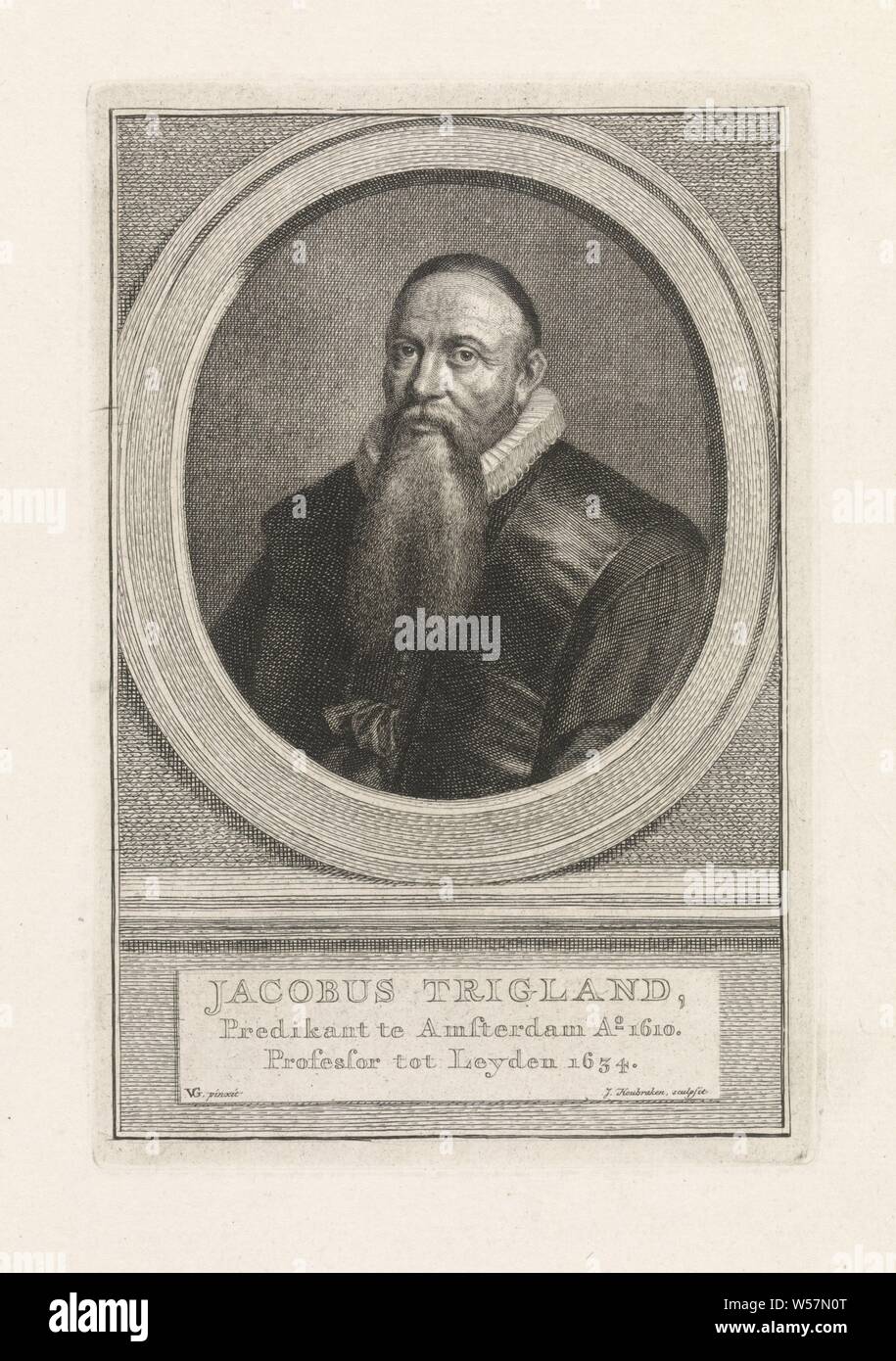 Portrait von Jacobus Trigland, Büste nach links von Jacobus Trigland in einem Oval. Das Portrait liegt auf einem Felsvorsprung, auf dem sein Name und Informationen in den drei Zeilen in Holländisch geschrieben sind, Jacobus Trigland (I), Jakob Houbraken (auf Objekt erwähnt), Amsterdam, 1749 - 1759 und/oder 1796, Papier, Gravur, H 177 mm x B 118 mm Stockfoto