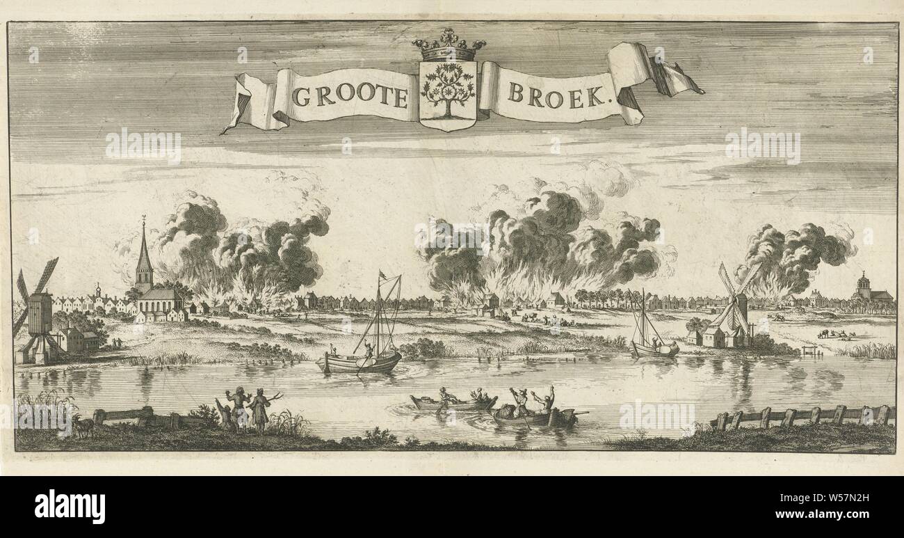 Brand in Grootebroek, 1694 Groote Broek (Titel auf Objekt), das grosse Feuer im Dorf Grootebroek (in der Nähe von Enkhuizen) am 20. August 1694, bei der Brandbekämpfung, in Grootebroek, Jan Luyken, Amsterdam, 1694 - 1696, Papier, Ätzen, H 266 mm x B 538 mm Stockfoto