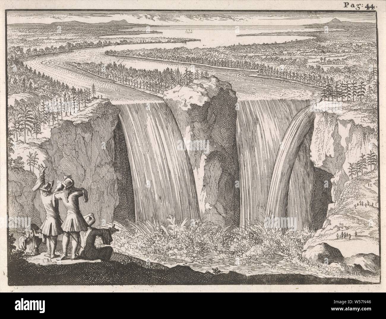 Niagara Falls, drucken Sie auf der rechts oben: Pag: 44, Wasserfall, Caspar Luyken, 1697, Papier, Ätzen, H 134 mm x B 177 mm Stockfoto