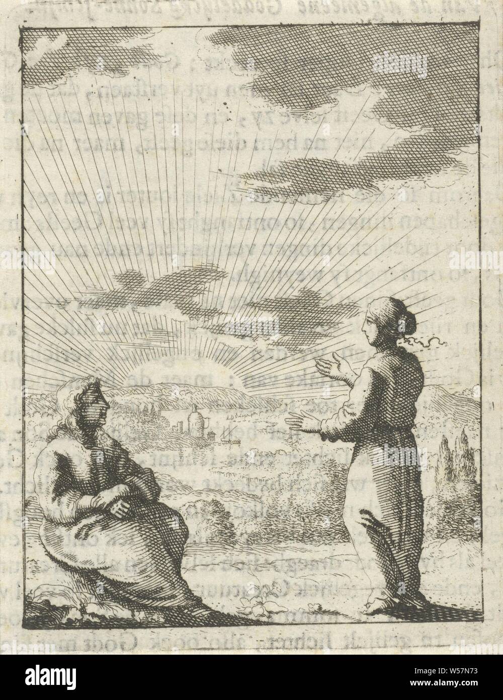 Christus und das personifizierte Seele siehe die aufgehende Sonne, Jesus und die Seele als die Sonne aufgeht, Jan Luyken, Amsterdam, 1678 - 1687, Papier, Buchdruck, H 90 mm x B 70 mm Stockfoto