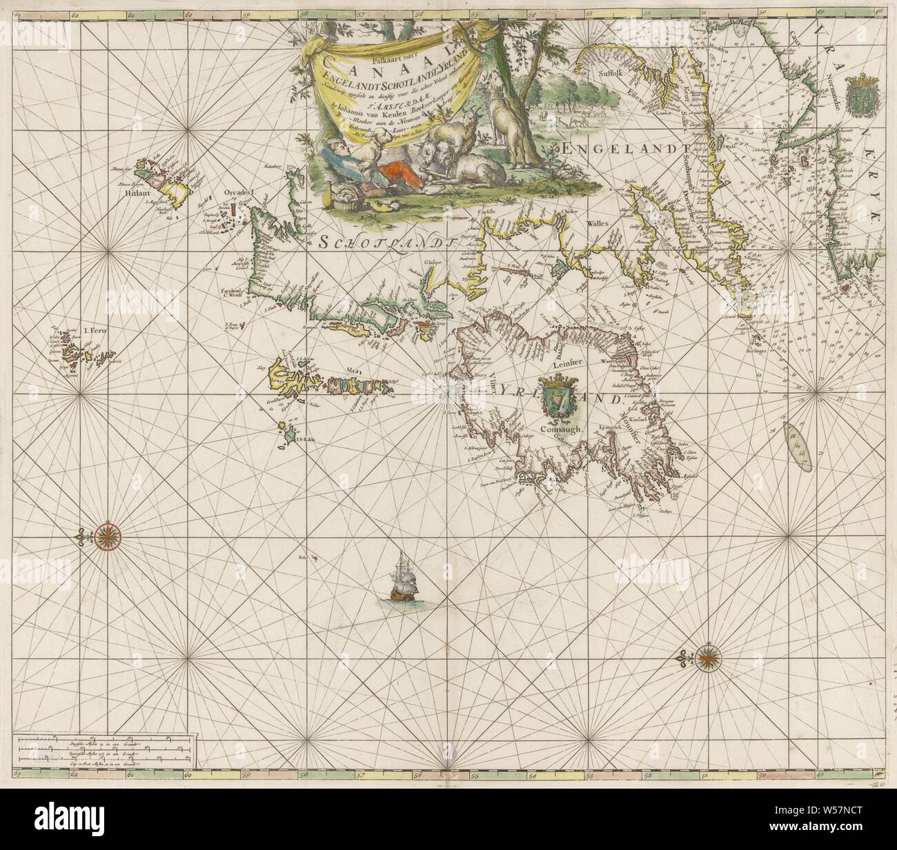 Pass Karte von den Küsten von England, Schottland und Irland Pass Karte aus dem Kanal Englandt Scotlandt und Yrland sorgfältig arrangierten und nützlich für diejenigen, die hinter Yrland (Titel auf Objekt) Küsten von England, Schottland, Irland und Frankreich zugrunde. Mit zwei Kompass Rosen, der Norden ist auf der linken Seite. In der Mitte über eine Vignette mit dem Titel und ein Hirte, der unter dem Baum schlafen ist. Unten links die Skala in Deutsch, Spanisch und Englisch oder Französisch Meilen, Hüten, Hirt, Hirtin, Hirte, Hirtin, hirtenjunge, etc., Schafe, auf dem Boden schlafen, England, Irland, Frankreich, Jan Stockfoto