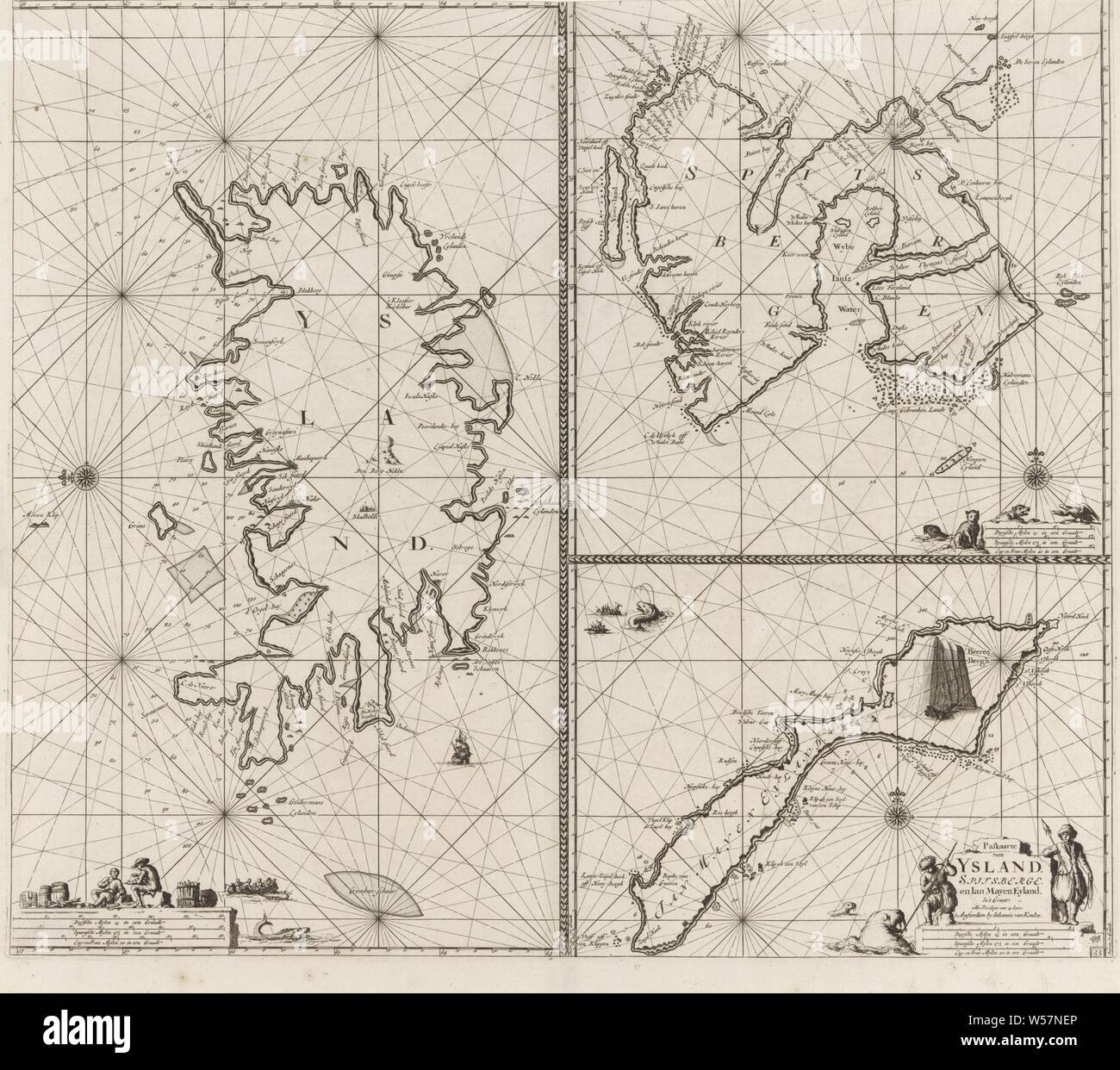 Dreiteilige Karte aus Island, Jan Mayen Island und Spitzbergen Pas-Karte aus Ysland, Spitsberge und Jan Mayen Eyland (Titel auf Objekt), Jan Mayen Island und Spitzbergen, mit drei Kompass Rosen. Unten rechts den Titel, flankiert von zwei Fischer und ein Walross. Jede Karte hat einen dekorierten Skala auf der Unterseite in Deutsch, Spanisch und Englisch oder Französisch Meilen, Segeln, Schiff, Segelboot, Schwimmen Säugetiere: Wal-, See- und Küstenfischerei, Raubtiere, räuberische Tiere: Wolf, Holz- container: Fass, Fass, Schaufel, Arktischer Ozean, Spitzbergen, Island, Jan Luyken, Amsterdam, 1681 - 1799, Papier Stockfoto