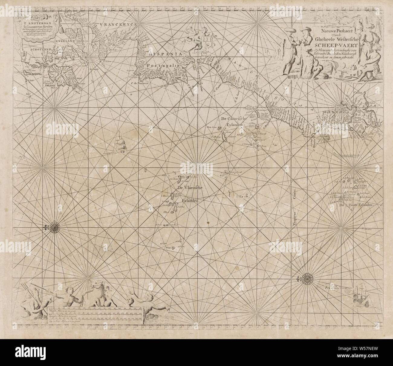 Pass Karte von einem Teil des Atlantiks mit der Westküste Europas und Teil von Afrika. Neue Paskaert Vande Gheheele. gebracht. (Titel auf Objekt), Pass Karte eines Teil des Atlantischen Ozeans, mit der Westküste von Europa und ein Teil von Afrika, mit zwei Kompass Rosen, der Norden ist auf der linken Seite. Oben rechts eine Kartusche mit dem Titel und links oben die Adresse der Herausgeber. Der Titel wird von den Händlern aus verschiedenen Ecken der Welt umgeben. Unten links, um den Maßstab, die in Deutsch, Englisch und Spanisch oder Französisch Meilen (Maßstab: c dargestellt. 1:9 000 000) Von einer Meerjungfrau, merman und Meer Gott umgeben, Segeln Stockfoto