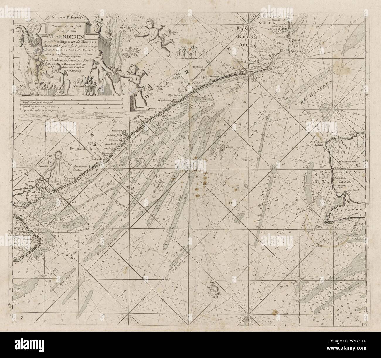 Passport card der nördlichen Zugang zum Kanal mit den Küsten von Flandern, England und Frankreich Neue pascaert enthält in sich die Küste von Vlaenderen vom Wielingen zu den Heads, wo zu sien ist syn tiefe und flache Wie Moosalm lant uitter Zee (Titel auf Objekt), Reisepass der nördlichen Zugang zum Kanal mit den Küsten von Flandern, Frankreich und England, mit einer Kompassrose, der Norden ist unten. Oben links eine Kartusche mit den Titel, die Adresse von dem Herausgeber und dem Maßstab, in Deutsch, Englisch und Spanisch oder Französisch Meilen (Maßstab: c dargestellt. 1:270 000). An der Adresse wird Stockfoto