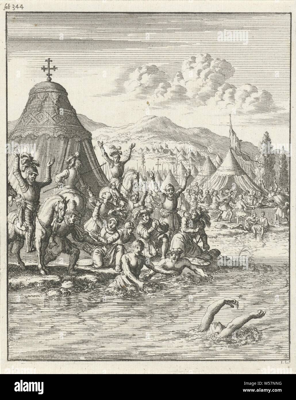 Kaiser Friedrich Barbarossa ertrinkt in den Selef, drucken Sie auf der oberen linken markiert: foli 344, militante Missionierung: Religiöse Kriege, Kreuzzug, etc., Tod durch Ertrinken (gewaltfreie), Fluss, Selef, Frederik I. Barbarossa (Kaiser des Heiligen Römischen Reiches), Jan Luyken (auf Objekt erwähnt), Amsterdam, 1683, Papier, Ätzen, H 167 mm x B 133 mm Stockfoto