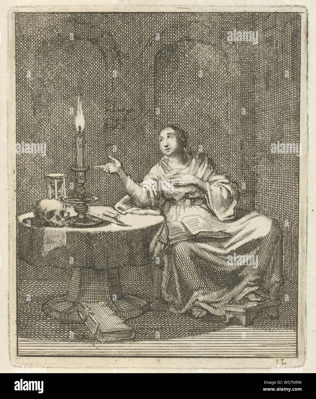 Frau sitzt an einem Tisch mit einer brennenden Kerze, Sanduhr und einen Totenkopf. Die zweite ist besser, "Vanitas" Symbole, Jan Luyken (auf Objekt erwähnt), Amsterdam, 1687, Papier, Buchdruck, H 94 mm x B 78 mm Stockfoto