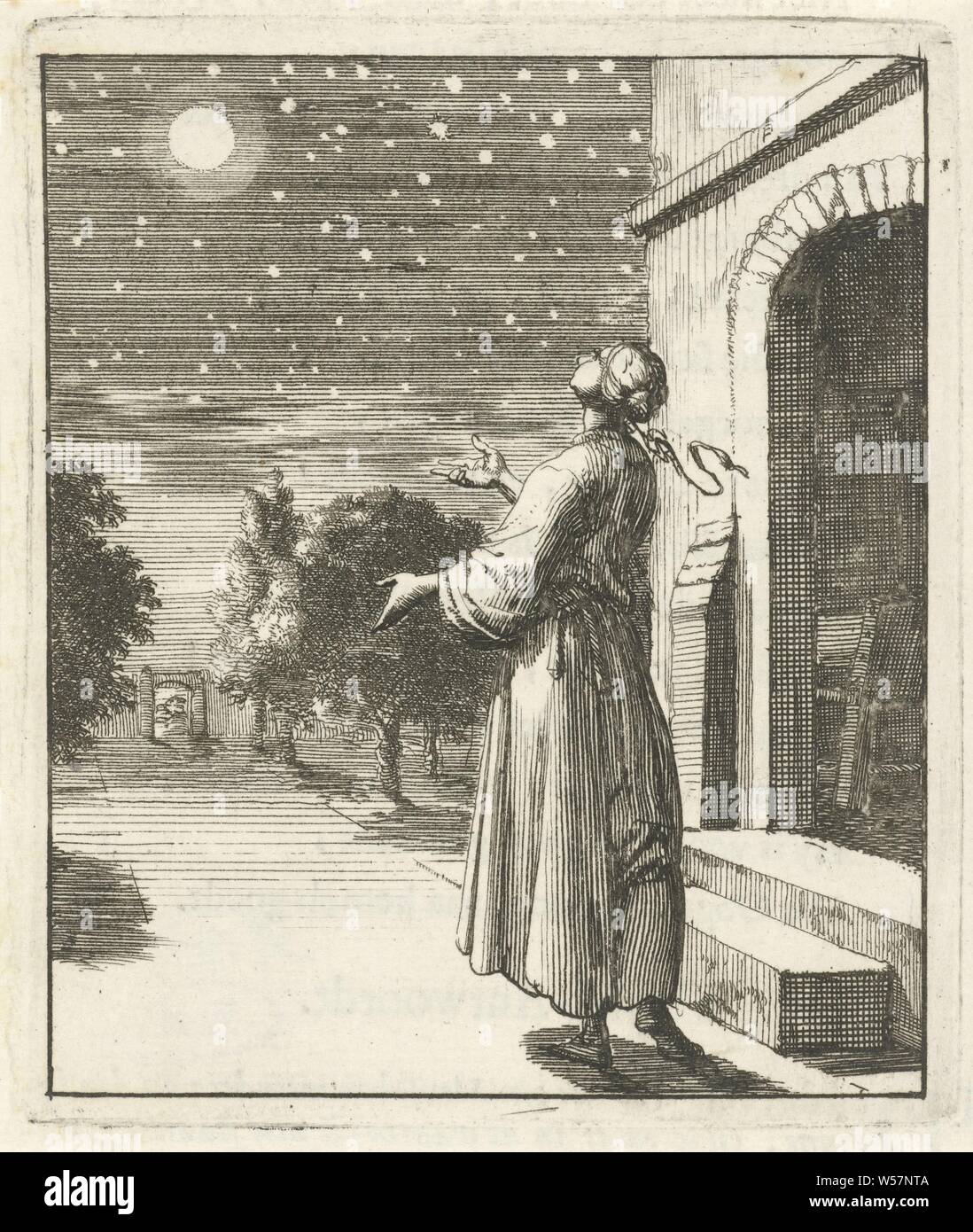 Die Frau schaut den Mond und Sterne Es ist Wunder, Sterne am Firmament, Jan Luyken, Amsterdam, 1687, Papier, Buchdruck, H 93 mm x B 78 mm Stockfoto