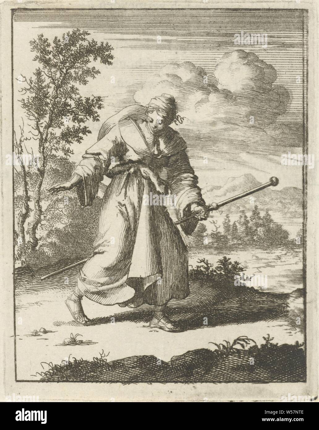 Frau in Pilgrim's Robe betrachtet ihre eigenen Schritte nach Osten, nach Westen, t'Huys beste, Pilger (s), Wandern, Jan Luyken, Amsterdam, 1687, Papier, Buchdruck, H 94 mm x B 74 mm Stockfoto