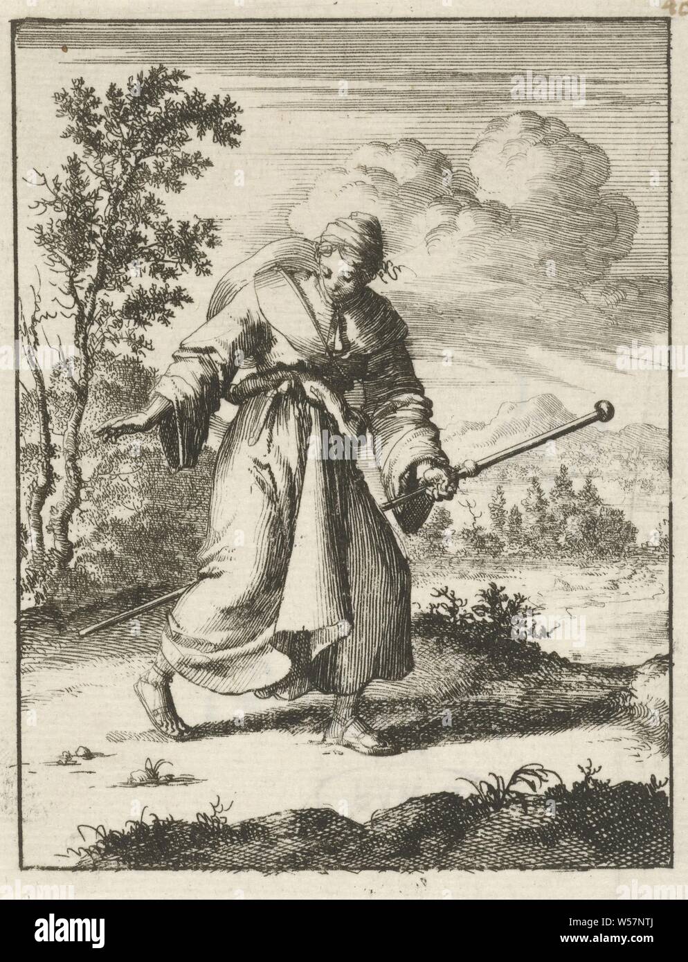 Frau in Pilgrim Gewand betrachtet ihre eigenen Schritte nach Osten, nach Westen, t'Huys beste, Pilger (s), Wandern, Jan Luyken, Amsterdam, 1687, Papier, Ätzen, H 94 mm x B 72 mm Stockfoto