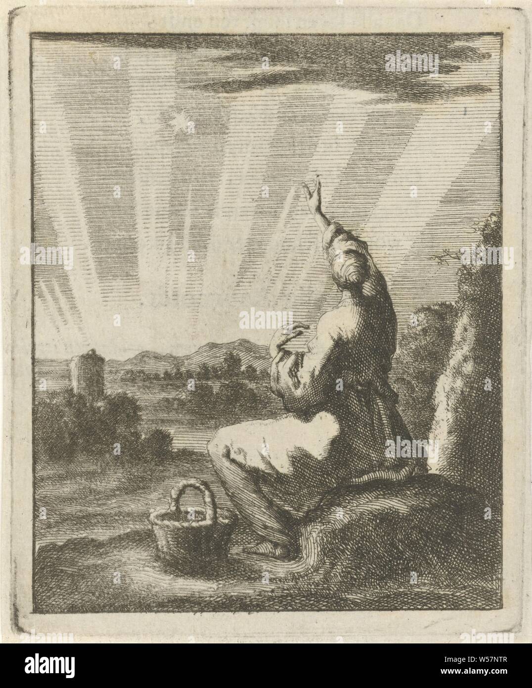 Frau den Sonnenaufgang es fast zu Dämmerung, Sonnenaufgang, Jan Luyken, Amsterdam, 1687, Papier, Buchdruck, H 98 mm x B 80 mm Stockfoto