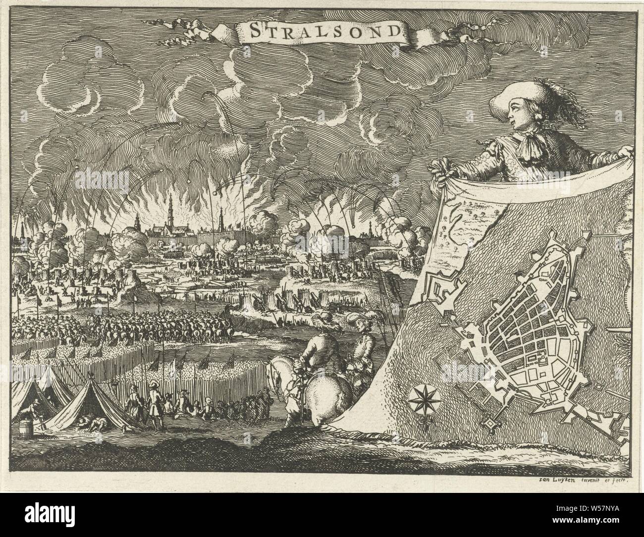 Belagerung von Stralsund, 1678 Stralsond (Titel auf Objekt), die Belagerung von Stralsund, 10. und 11. Oktober 1678. Nach zwei Tagen der Bombardierung, die stark zerstörten Stralsund über das Brandenburger Soldaten übergeben wurde., Belagerung, Krieg, Stralsund, Jan Luyken (auf Objekt erwähnt), Amsterdam, 1680, Papier, Ätzen, H 123 mm x B 159 mm Stockfoto