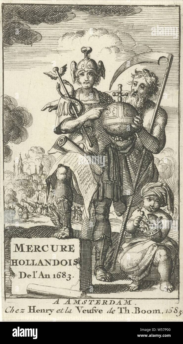 Quecksilber und Vater Zeit halten eine Regierung Apple zusammen Titel Seite für: Le Mercure hollandois, dl XII, 1685, Mercury und Vater Zeit halten eine Regierung Apple zusammen. Rechts im Vordergrund ist ein türkischer Junge mit der Kaiserlichen Krone in seinen Händen, (Geschichte der) Merkur (Hermes), Vater Zeit, Mann mit Flügeln und Scythe, Orb (Symbol der Souveränität, Kugel mit Kreuz auf der Oberseite), asiatische Rassen und Völker: Türkisch, Krone (Symbol der Souveränität), Jan Luyken, Amsterdam, 1683 und/oder 1685, Papier, Ätzen, H 107 mm x B 62 mm Stockfoto