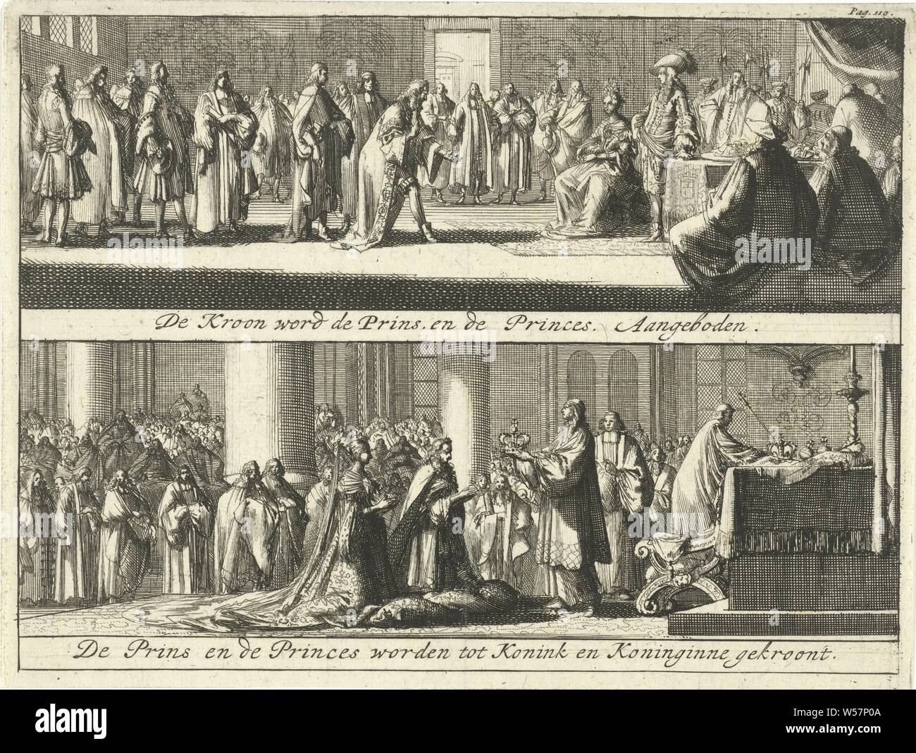Prinz und Prinzessin die Krone/Prinz und Prinzessin sind gekrönte König und Königin der Krone angeboten wird, ist der Prinz und die Prinzessin und der Prinz und die Prinzessin angeboten werden gekrönt Koninck und Queenne (Titel auf Objekt), Drucken oben rechts markiert: Pag. 110, mit der Position des Lineals: Präsentation der Krone oder andere Symbole der Autorität (vor der Krönung), Krönung eines Herrschers, Jan Luyken, Amsterdam, 1690, Papier, Ätzen, H 134 mm x B 178 mm Stockfoto