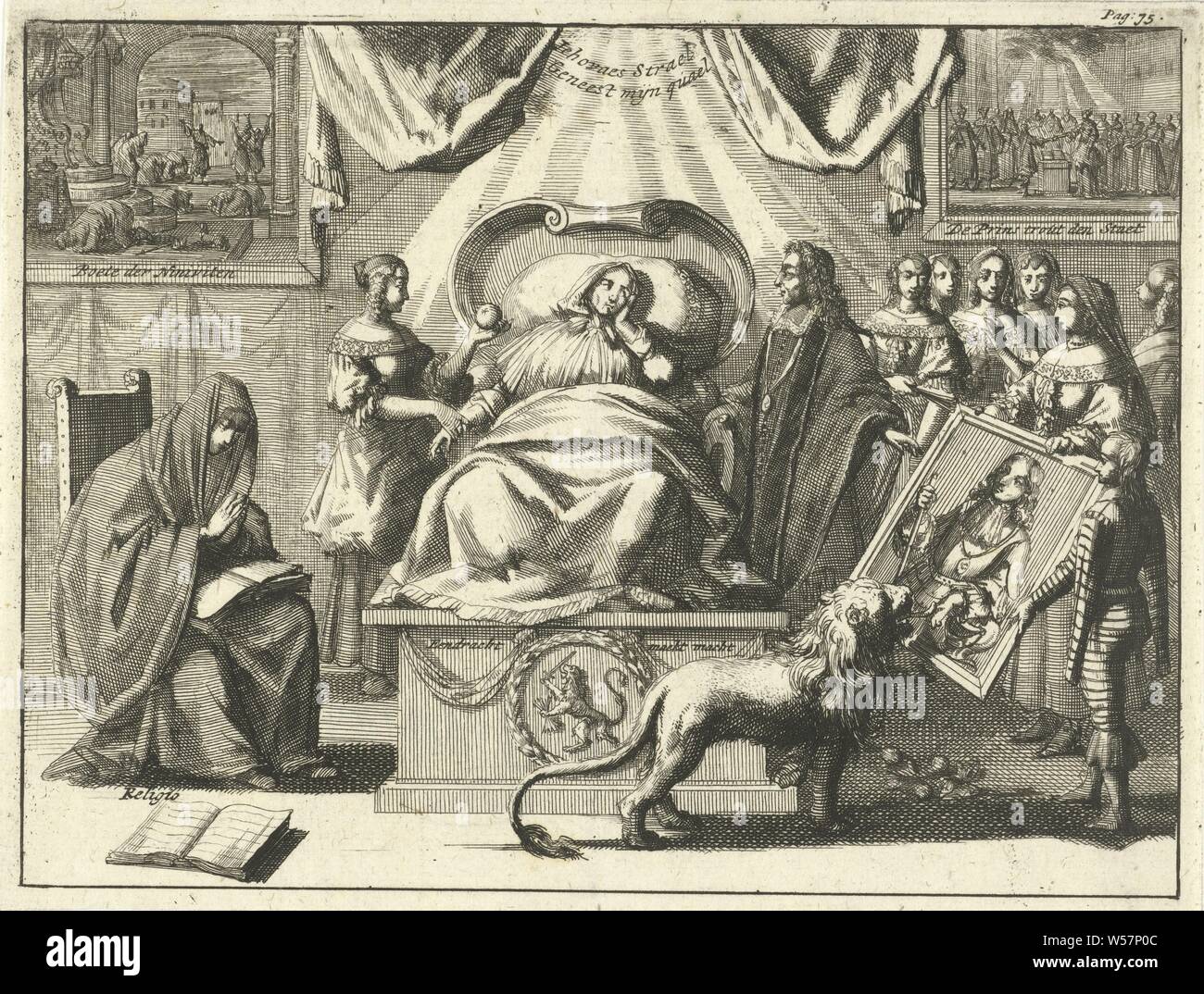 Allegorie der Position von William III. als Retter des Vaterlandes, 1672, Wilhelm III. als Retter des Vaterlandes. In der Show der Niederländischen Jungfrau liegt krank im Bett. Am Ende der Fuß, die mit den Wappen der Sieben Provinzen, die Niederländische lion dekoriert ist, leckt das Porträt von Willem III. Auf der linken Seite die betenden Personifikation Religion. Der betreuende Arzt ist wahrscheinlich Constantijn Huygens, Patient, Kranken, allegorischen Darstellungen, die Religion", Religione'' Religione der SS. Mauritio e Lazaro'' vera Religione christiana" (Ripa), Personifikationen der Länder, Nationen Stockfoto