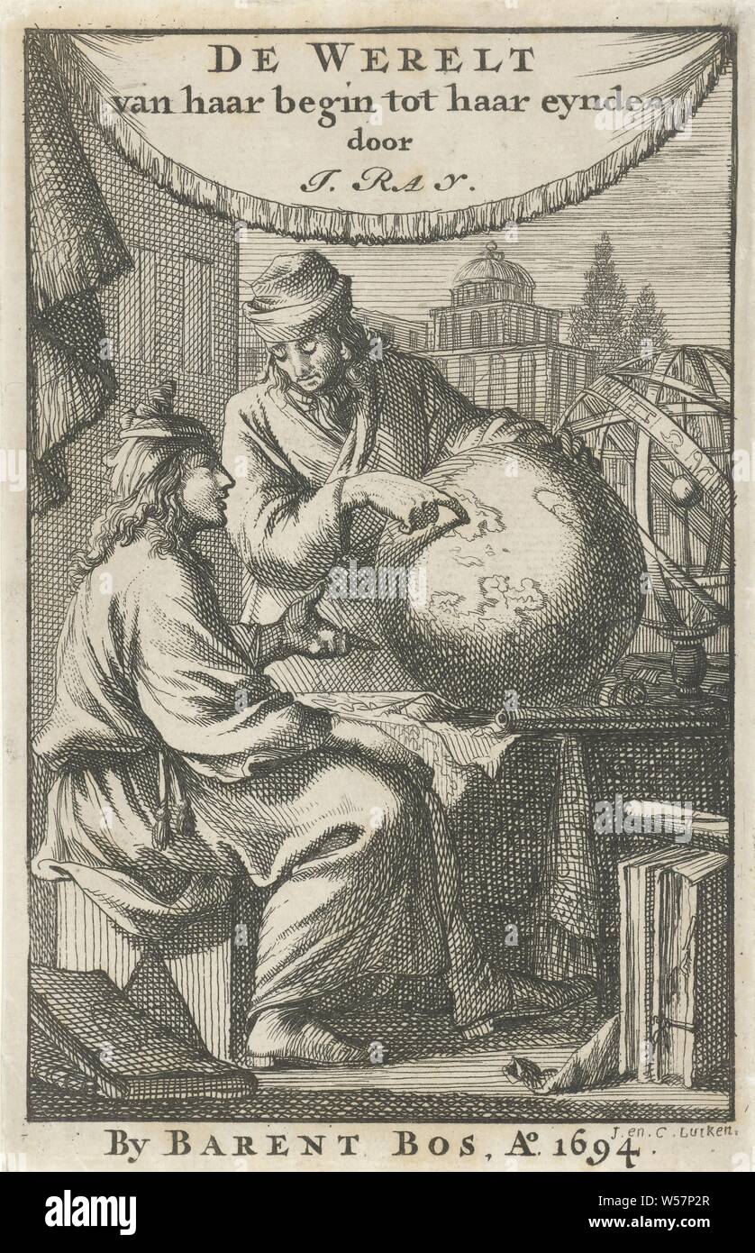 Zwei Männer Studie ein Globus Titel Seite für: J. Ray, De Welten vom Anfang bis zu seinem Ende, 1694, Globus, Jan Luyken (auf Objekt erwähnt), Papier, Ätzen, H 130 mm x B 83 mm Stockfoto