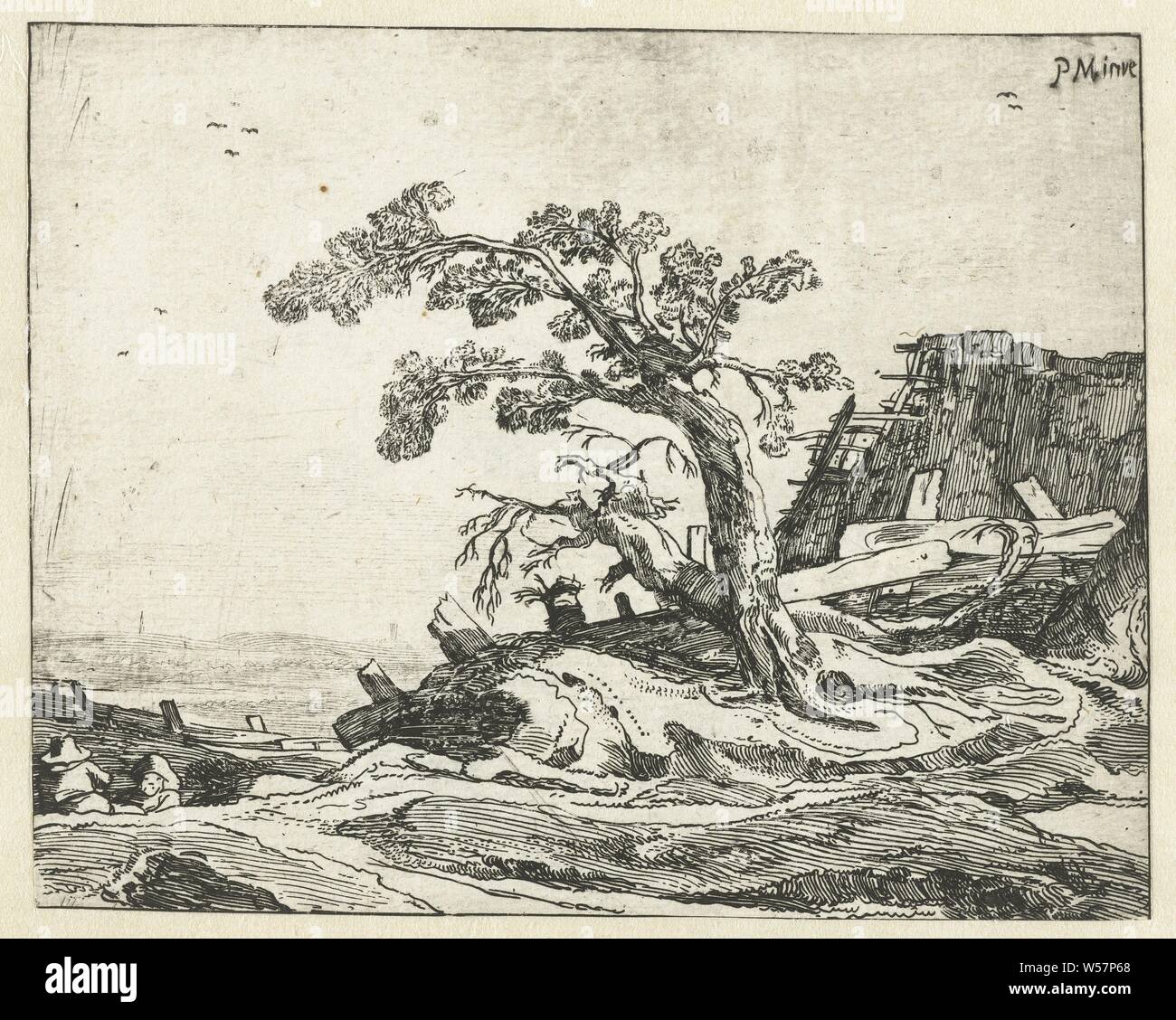 Landschaft mit einem Baum vier Landschaften (Titel der Serie), Landschaft mit einem Baum in der Nähe eines zerstörten Haus. Zwei Figuren sitzen oder liegen auf dem Boden unten links. Dieser Ausdruck ist Teil einer Serie von vier Drucke von Landschaften mit Bauern im Haupt- oder Nebenrolle, Landschaften in der gemäßigten Zone, Hof oder ein einsames Haus in der Landschaft, Pieter de Molijn (auf Objekt erwähnt), Haarlem, 1623 - 1652, Papier, Ätzen, H 123 mm x B 154 mm Stockfoto