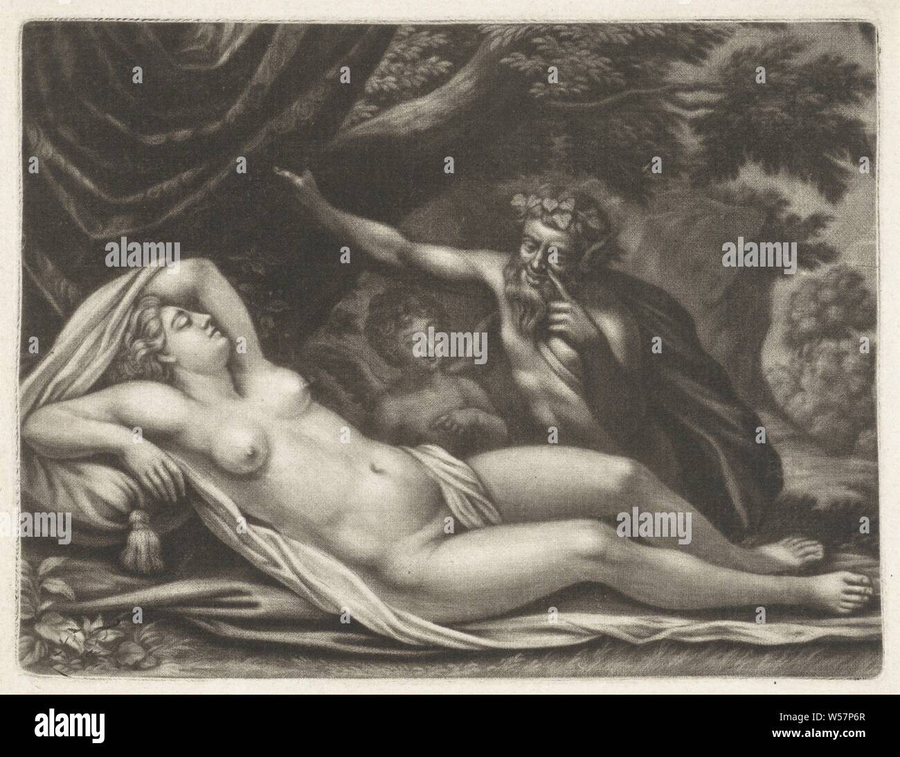 Satyr Spionage auf die Schlafende Venus, Venus ist Schlafen unter einem Baum und ausspioniert werden durch ein Satyr. Amor sitzt neben ihm, Venus und Amor (Amor nicht bloße Attribut), Jupiter, verkleidet als Satyr, Ansätze der schlafenden Antiope, der Adler in der Nähe stehen können, Jan van Somer, 1655-1700, Papier, H 173 mm x B 228 mm Stockfoto