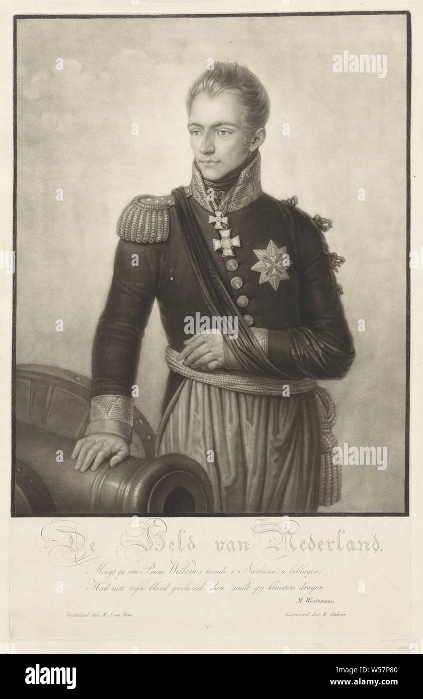 Porträt von König Willem II Der Held der Niederlande (Titel auf Objekt), Willem Frederik George Lodewijk, König Willem II. als Kronprinz. Er trägt eine Schlinge und seine Hand ruht auf einer Kanone, Feuerwaffen: Kanone, Willem II (König der Niederlande), Willem Grebner (auf Objekt erwähnt), Amsterdam, 1815 - 1866, Papier, Gravur, H 404 mm x B 256 mm Stockfoto