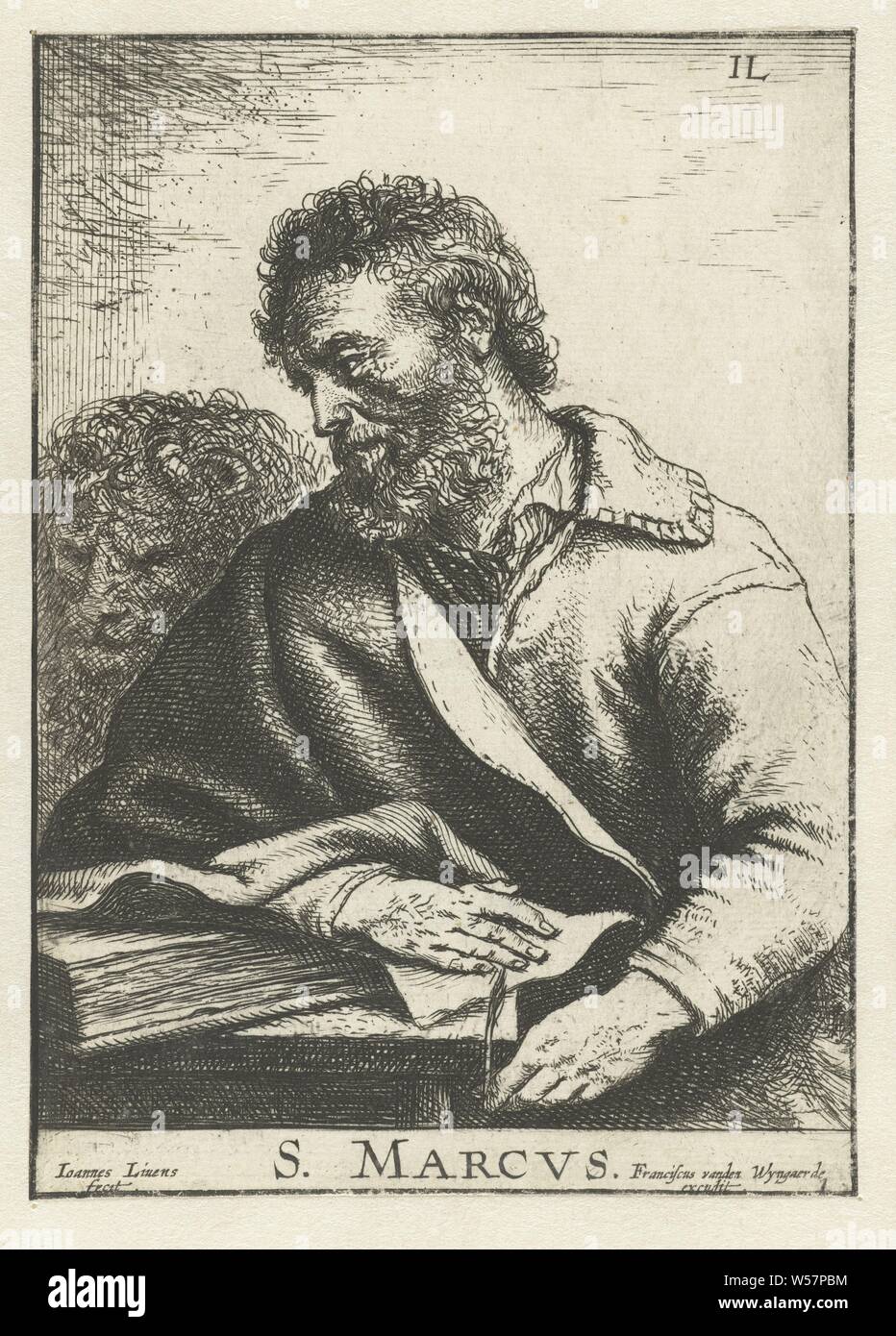 Saint Mark S. Marcvs (Titel auf Objekt) Vier Evangelisten (Titel der Serie), die der Evangelist Markus mit seinem Attribut der Löwe, Jan Lievens (auf Objekt erwähnt), Antwerpen, 1625-1674, Papier, Gravur, H 133 mm x B 95 mm Stockfoto