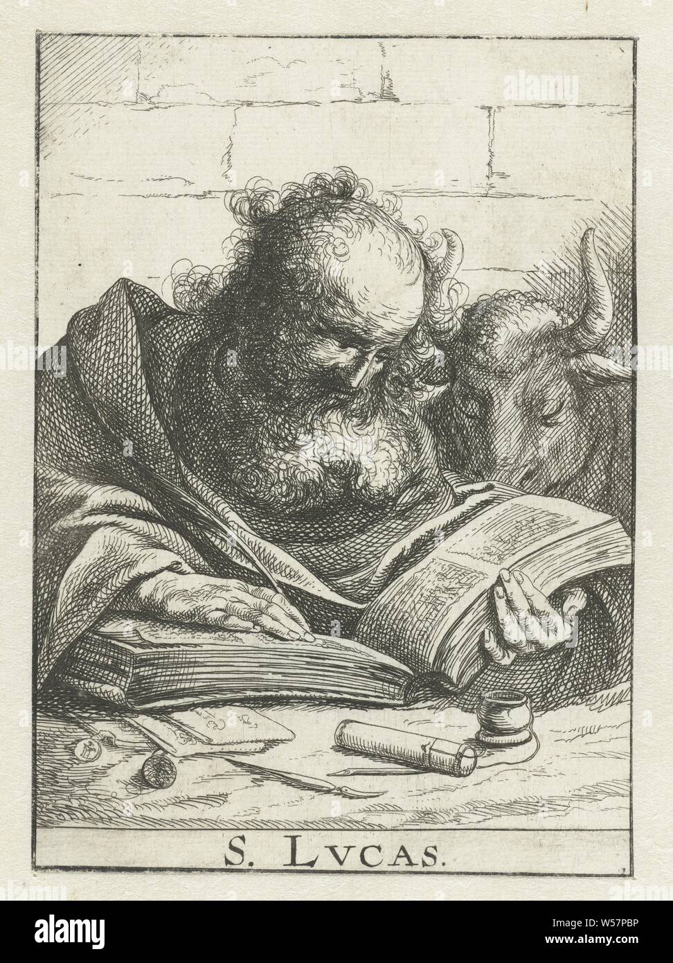 Der evangelist Lucas S. Lvcas (Titel auf Objekt) Vier Evangelisten (Titel der Serie) der Evangelist Lukas mit seinem Attribut der Ochse, Laurent de La Hire (zugeschrieben), Antwerpen, 1625-1674, Papier, Gravur, H 126 mm x B 90mm Stockfoto