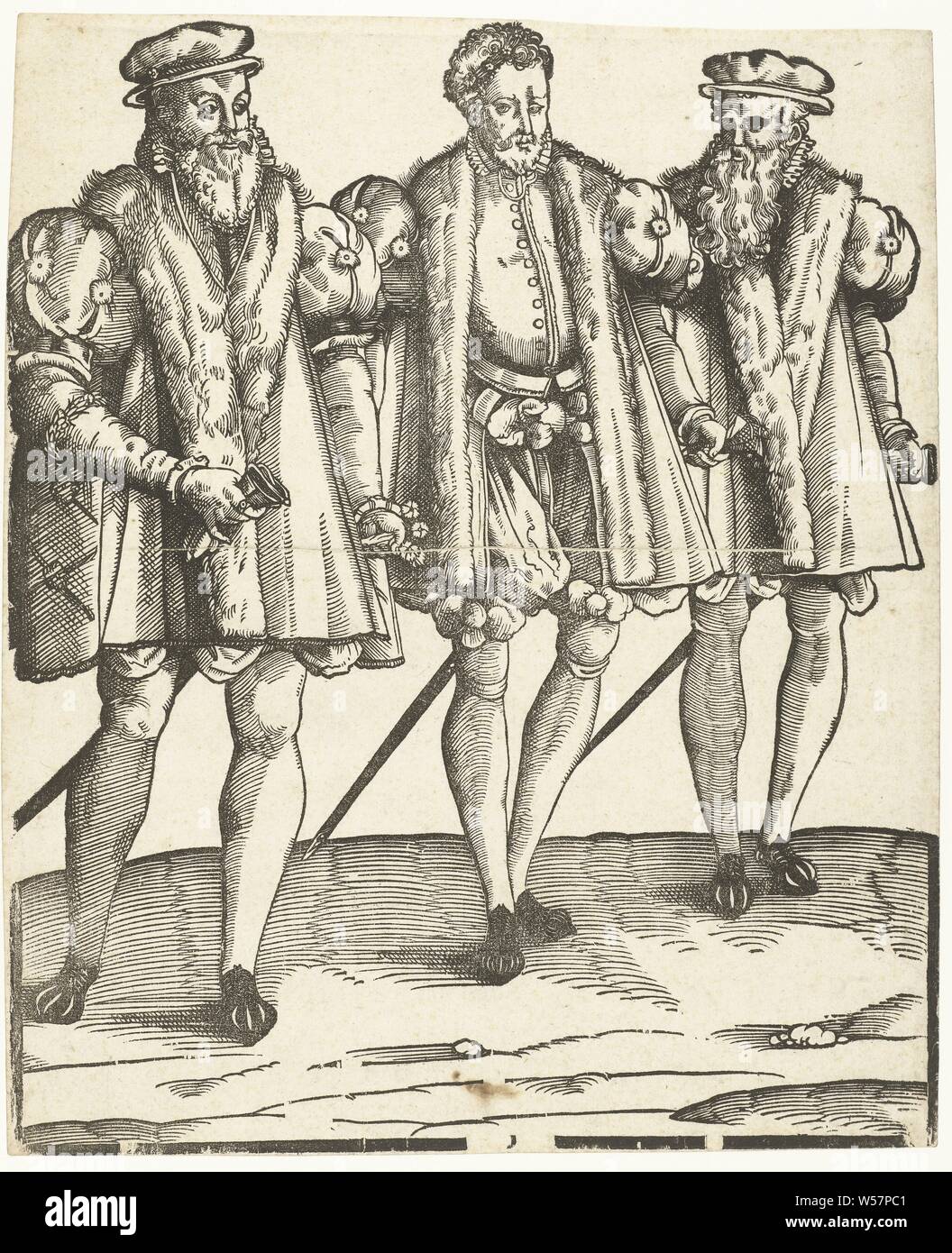 Portrait von Gaspard, Francois und Odet de Coligny, Odet, Kardinal von Châtillon (1517-1571), Gaspard, Admiral von Frankreich und Vater von Louise de Coligny (1519-1572) und Francois, General der Infanterie (1521-1569) sind nach spanischen Mode gekleidet., Kleidung für den oberen Teil des Körpers (der Kleidung der Männer), Kleidung für den oberen Teil des Körpers (Fell für Kleidung verwendet), Hose, Hosen, etc (Hosen) (Männer Kleidung), Handschuhe, etc. (der Männer) Kleidung, Schuhe, Sandalen (Kleidung der Männer), Kopfbedeckung: Männer Kleidung, Kleidung für den oberen Teil des Körpers (WAMS) (Kleidung der Männer), Mantel (Männer' Stockfoto