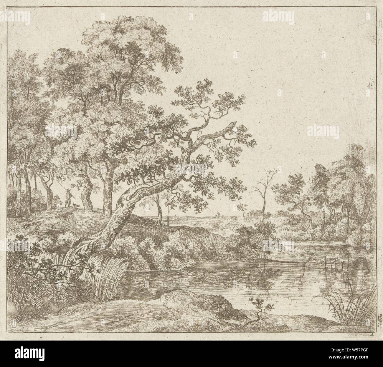 Landschaft mit hängender Baum am Wasser Landschaften (Titel der Serie), Fluss, Bäume, Jan Hackaert, 1640-1699, Papier, Ätzen, H 199 mm x B 225 mm Stockfoto