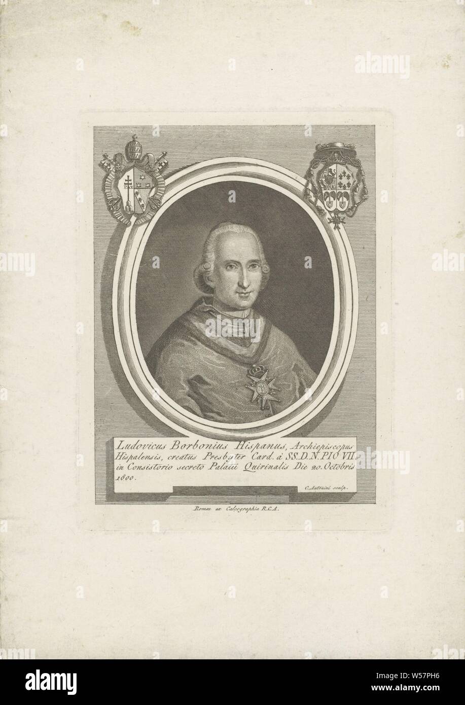 Portrait von Luis María de Borbón und Vallabriga, Porträt von Kardinal Luis María de Borbón y Vallabriga in einem Oval. Im Obergeschoss zwei Wappen. Unter dem Porträt ein Frame mit lateinischen Textes, Carlo Antonini (auf Objekt erwähnt), 1800 - 1805, Papier, Gravur, H 225 mm x B 168 mm Stockfoto