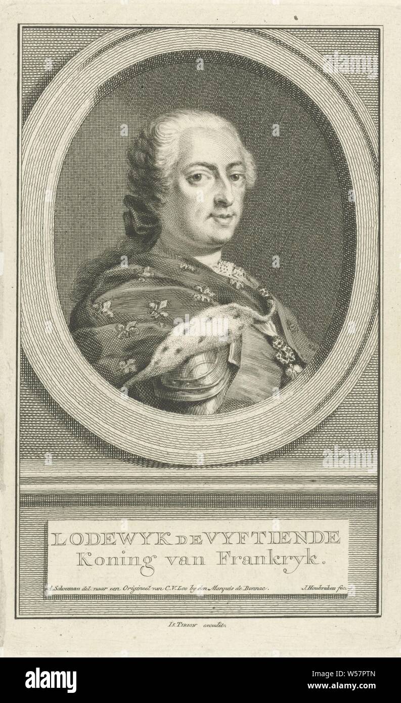 Porträt von Ludwig XV., König von Frankreich, Ludwig der Vyfttee, Büste nach rechts von Ludwig XV., König von Frankreich in ein Oval. Das Porträt ruht auf einem Sockel, auf dem sein Name und Titel in zwei Zeilen in Niederländisch, Louis XV (König von Frankreich), Jacob Houbraken erscheinen (auf Objekt erwähnt), Amsterdam, 1729 - 1766, Papier, Gravur, H 185 mm x B 115 mm Stockfoto