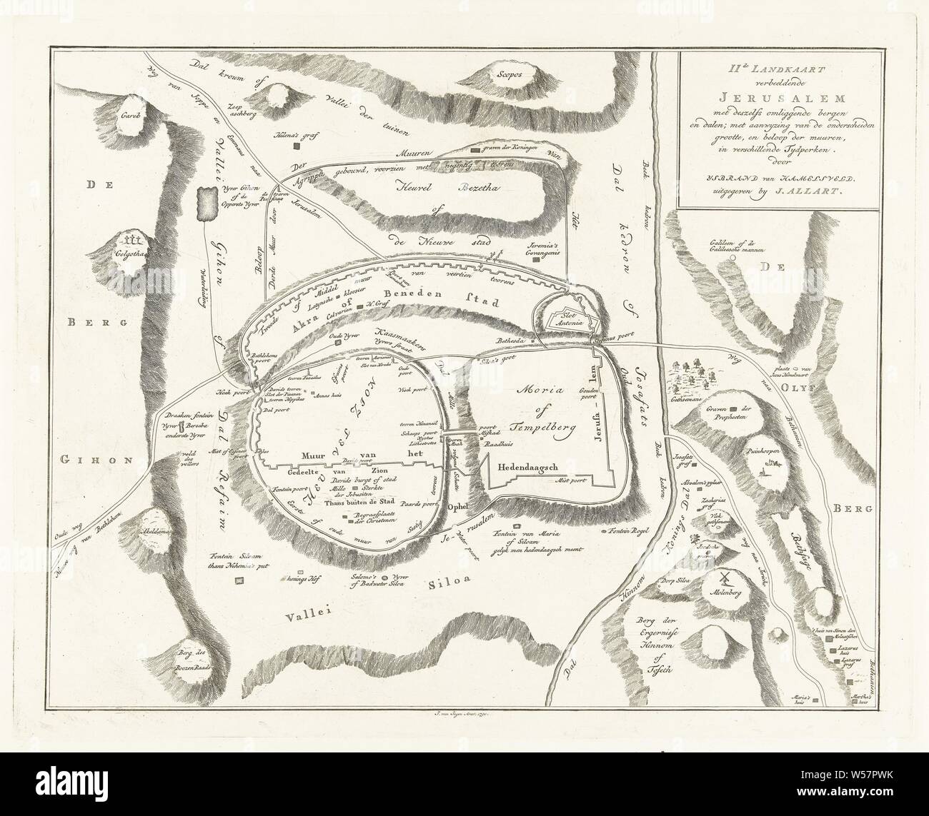 Karte von Jerusalem 11 Karte, Jerusalem mit seiner umgebenden Berge und Täler (...) (Titel auf Objekt), Karten der einzelnen Länder oder Regionen, Jan van Jagen (auf Objekt erwähnt), Amsterdam, 1790, Papier, Ätzen, H 351 mm x B 436 mm Stockfoto