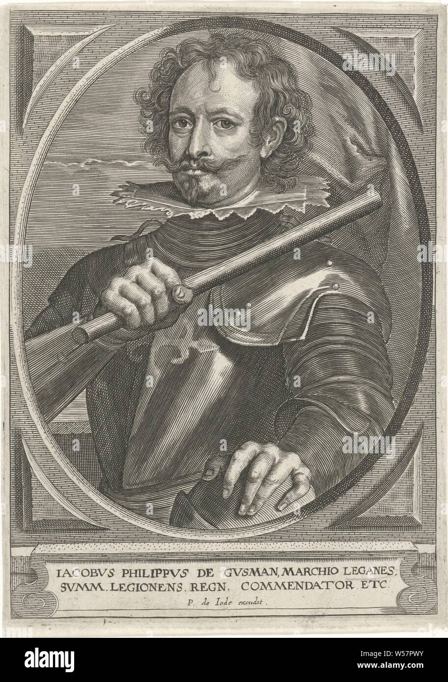 Portrait von Diego de Guzmán Felipez Theater pontificum, imperatorum, Regum, Ducum (...) (Titel der Serie), Portrait von Diego Felipez de Guzmán, Marquis von Leganés, halbe Länge. Er trägt eine Rüstung und hält einen Befehl Personal in seiner rechten Hand, die linke Hand ruht auf seinen Helm. Das Portrait ist in einem Ovalen Rahmen mit eckigen Kanten eingestellt. Im Rahmen einer zweiteiligen caption in Latein, Diego de Guzmán Felipez (Marquis von Leganés), Pieter de Jode (II) (auf Objekt erwähnt), Antwerpen, 1628-1670, Papier, Gravur, H 166 mm x B 118 mm Stockfoto