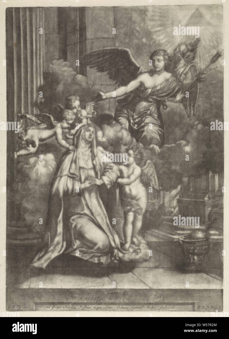 Der hl. Theresia von Ávila, Gründer des Ordens der Unbeschuhten Karmeliten, mit gefalteten Händen im Gebet. Sie ist in der Gewohnheit der Karmeliten umgeben und wird von Putten umgeben. Ein Engel hat auf der linken Seite, die mit einem Pfeil beten Theresia hingewiesen hat. Im Himmel über der Engel steht ein Dreieck, das Symbol Gottes, des Vaters, die Gründerin der Reformierten (Unbeschuhten Karmeliten), T (h) eres (i) ein oder Avila, mögliche Attribute: Engel, Pfeil, Taube, Herz (Flaming oder von einem Pfeil durchbohrt), Dreieck (innerhalb des Kreises), mit Augen- oder tetragram, Trinity (Variante), Pieter Van den Berge Stockfoto