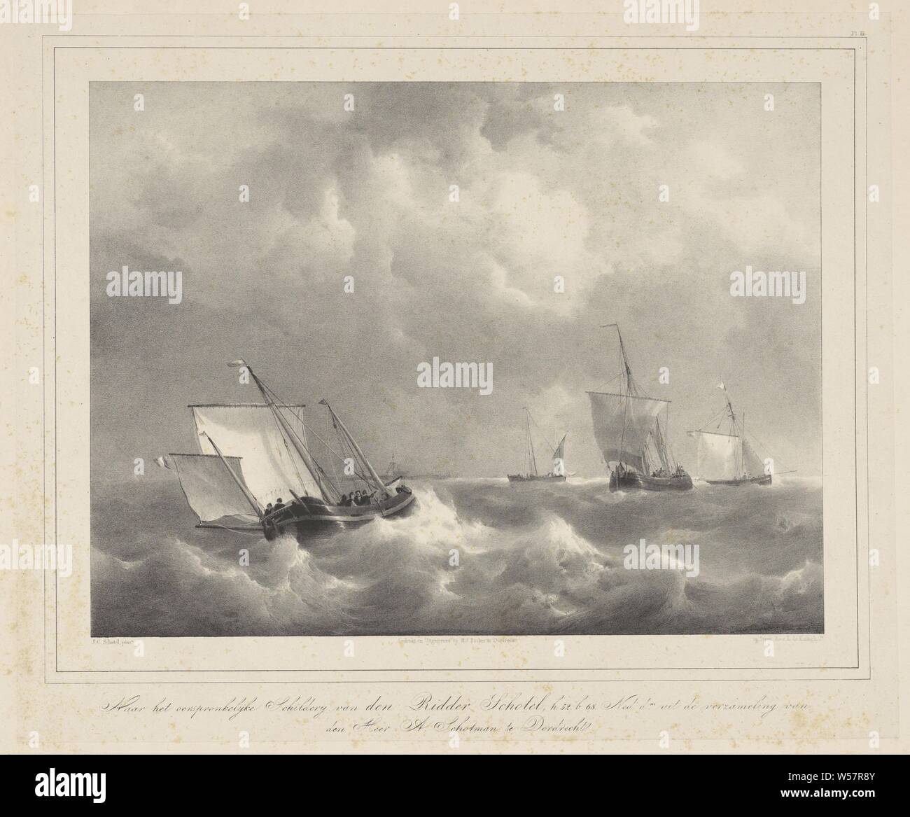 Boote in stürmischen Wetter, die Segelschiffe liegen diagonal auf den Wellen. Am Horizont ein Hafen, Schiff, Segelboot, Sturm auf dem Meer, Leonard de Koningh (auf Objekt erwähnt), Dordrecht, 1822-1845, Papier, H 435 mm x B 550 mm Stockfoto