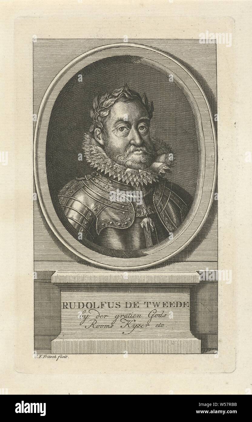 Portrait von Rudolf II. von Habsburg, Kaiser, Porträt Büste in Oval von Rudolf II. von Habsburg, gelobt, in der Rüstung, auf der das Symbol des Ordens vom Goldenen Vlies hängt. Unter dem Oval seinen Namen und Titel auf einem Sockel, Orden Orden vom Goldenen Vlies, Rudolf II. von Habsburg (Deutscher Kaiser), Christian Friedrich Fritzsch erwähnt werden (auf Objekt erwähnt), 1753-1774 und/oder 1786, Papier, Ätzen, h 178 mm × 111 mm. Stockfoto