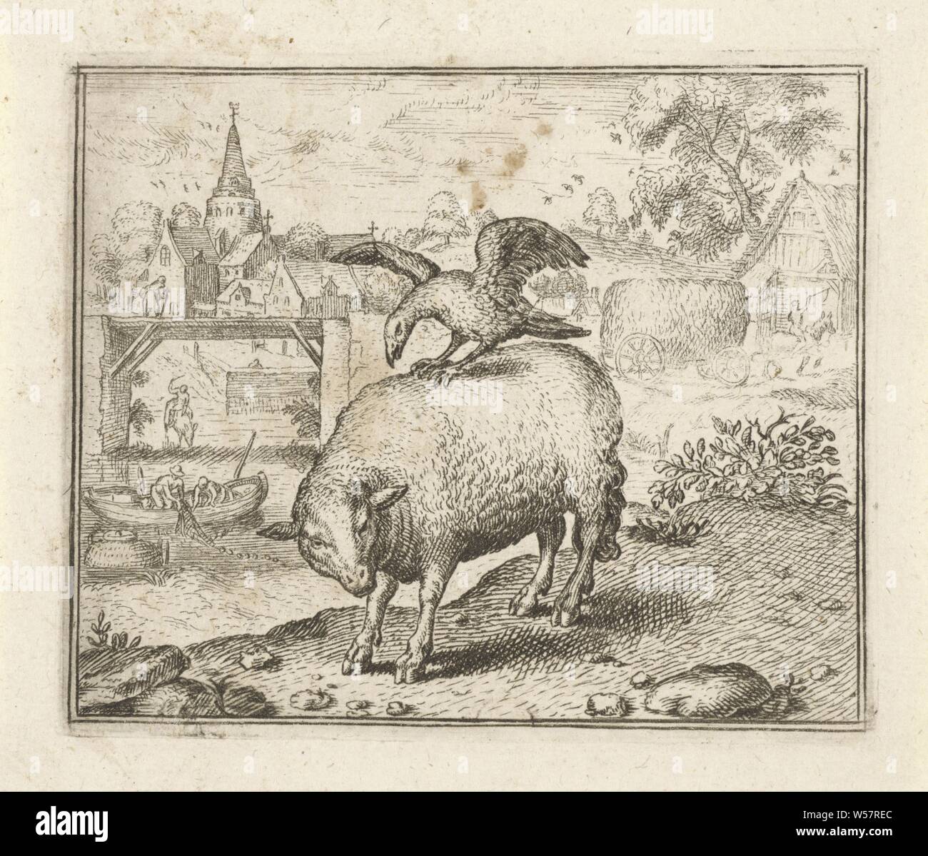 Fabel der Schafe und die Krähe eine Krähe sitzt auf dem Rücken der Schafe und Küsschen mit seinen Schnabel in der schaffell. Die Fabel beschreibt, wie die Hungrigen crow Feeds auf dem Blut der Schafe. Die klagegründe der Schafe nicht helfen. Die Moral der Geschichte lehrt, dass man sich nicht mit Tyrannen, Fabeln, Schafe, Singvögel: Crow, Aegidius Sadeler, Praag, 1608-1679, Papier, Ätzen, h 95 mm × W113 mm verhandeln Stockfoto