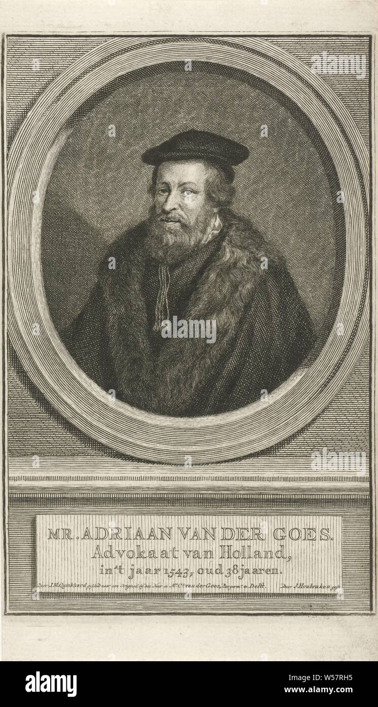 Portrait von Adriaan van der Goes Herrn Adriaan van der Goes, Büste nach links von Adriaan van der in einem Oval geht. Das Porträt ruht auf einem Sockel, auf dem sein Name und Informationen in den drei Zeilen in Holländisch geschrieben sind, Adriaan van der Goes (1505-1560), Jacob Houbraken (auf Objekt erwähnt), Amsterdam, 1790 - 1796, Papier, Gravur, h 178 mm B 114 mm Stockfoto