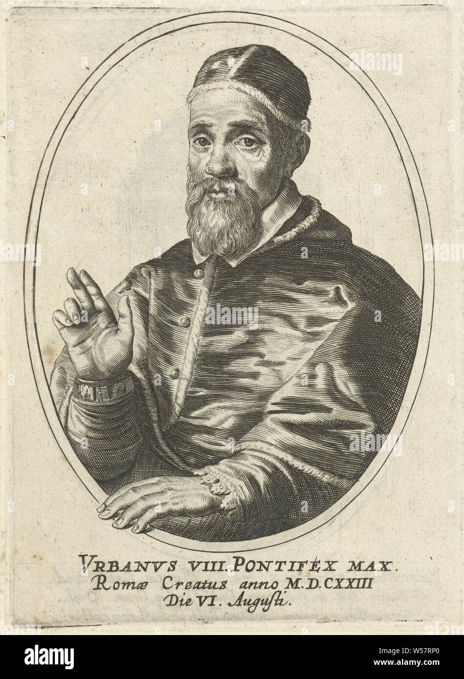 Porträt von Papst Urban VIII. in Oval, Vrbanvs VIII. Pontifex max. Romae Creatus anno MDCXXIII VI. Sterben Augusti (Titel auf Objekt), Cornelis Danckerts (I), Niederlande, 1613 - 1656, Papier, Gravur, H 152 mm x B 110 mm Stockfoto