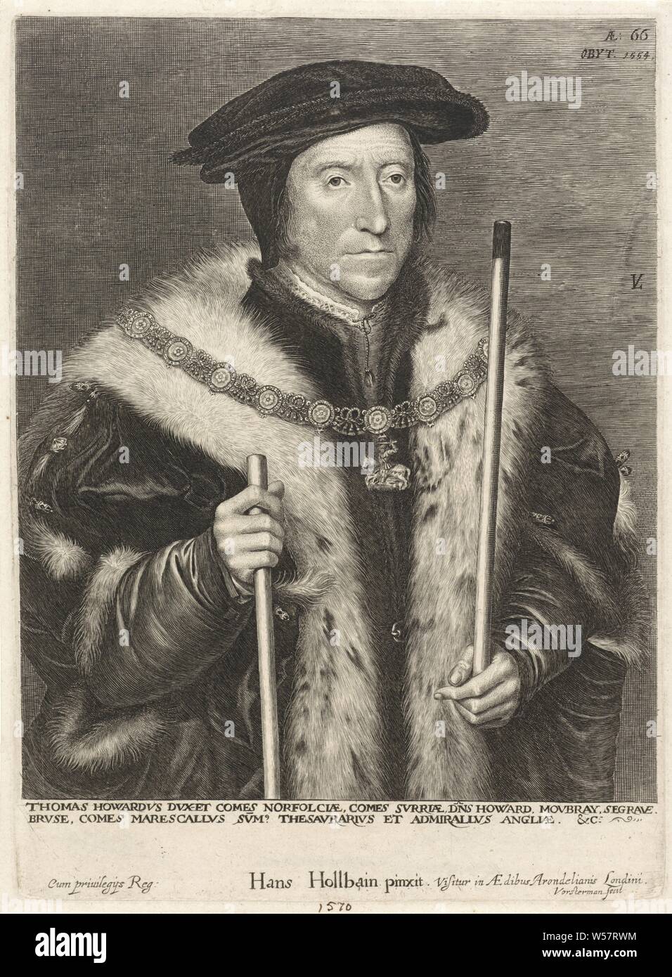 Portrait von Thomas Howard, Graf von Norfolk, Portrait der englische Staatsmann Thomas Howard, Graf von Norfolk. Um seinen Hals die Zeichen des Ordens der Strumpfband, Ritterschaft (STRUMPFBAND), Thomas Howard (3. Anzahl der Norfolk), Lucas Grimm (I) (auf Objekt erwähnt), England, 1624 - 1630, Papier, Gravur, H 273 mm x B 200 mm Stockfoto