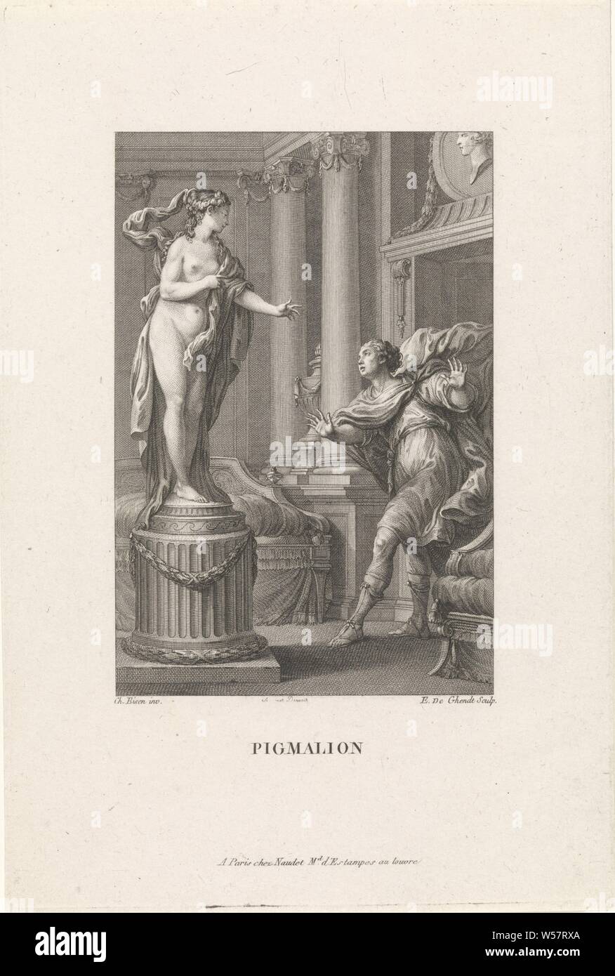 Pygmalion sieht die Statue lebendig die Geschichte von Pygmalion (Titel der Serie) Pigmalion (Titel der Serie auf Objekt), Pygmalion betritt den Raum und Shies zurück, wenn er die Statue, die ihn grüßt sieht. Der Druck ist Teil einer Serie über die Geschichte von Pygmalion, Pygmalion verliebt sich in die Statue, die Er schnitzt, Statue zum Leben kommen: an Pygmalion ist das Gebet, eine Statue (die letzte "Galatea) zum Leben kommt, eine Bevorzugung der Venus (Ovid, Metamorphosen X280), Emmanuel Jean Nepomuk de Ghendt (auf Objekt erwähnt), Paris, 1748-1815, Papier, Gravieren, w 153 mm x H 230 mm Stockfoto