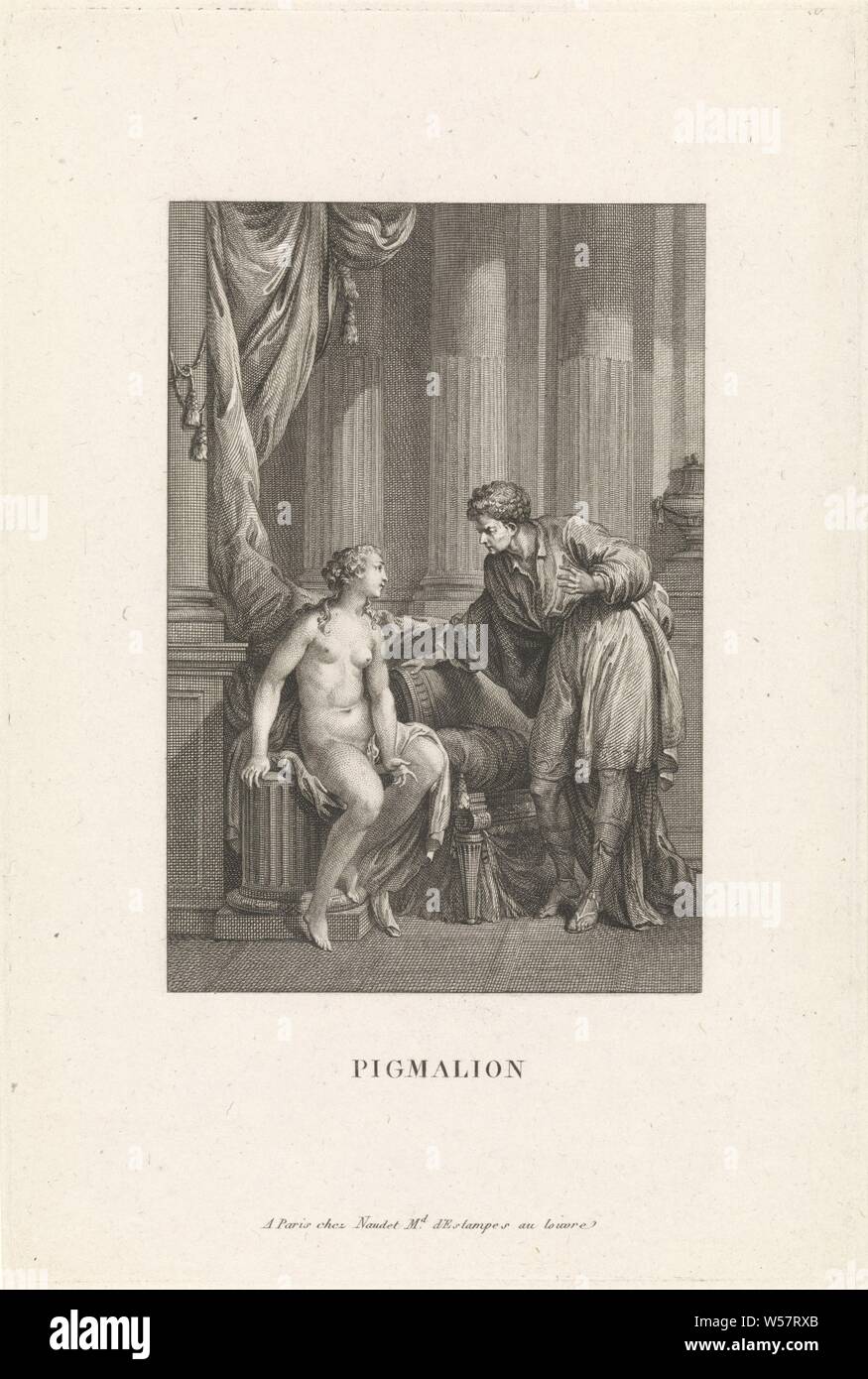 Pygmalion spricht mit Galatea Die Geschichte von Pygmalion (Titel der Serie) Pigmalion (Titel der Serie auf Objekt), Galatea, die lebende Statue von Pygmalion, sitzt auf einer Spalte. Pygmalion steht neben ihr und fragt Sie einige Fragen. Der Druck ist Teil einer Serie über die Geschichte von Pygmalion, Pygmalion verliebt sich in die Statue, die Er schnitzt, Gespräch, Dialog, Gesprächsstoff, Emmanuel Jean Nepomuk de Ghendt, Paris, 1748-1815, Papier, Gravieren, w 150 mm x H 229 mm Stockfoto