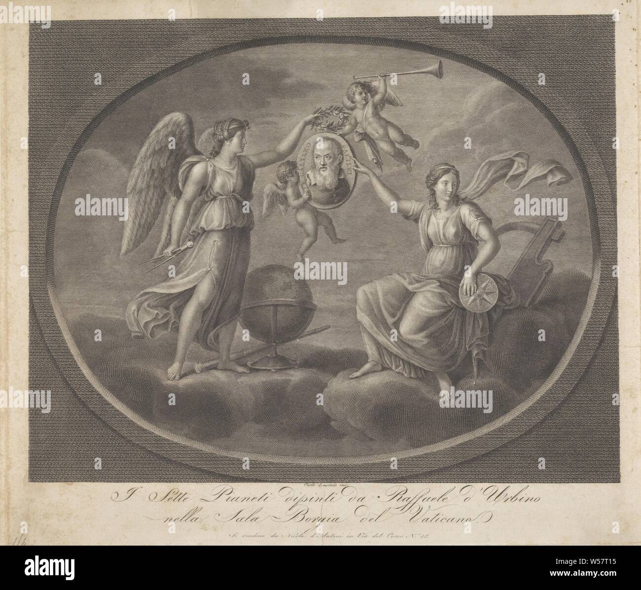 Allegorie des Galileo Galilei Sette Pianeti dipinti da Raffaele d'Urbino nella Sala Borgia (Titel der Serie auf Objekt), allegorische Darstellung mit zwei Putten Holding ein Porträt von Galileo Galilei. Auf der einen geflügelten Figur mit einem Kompass links, eine Kugel und ein Teleskop. Auf der rechten Seite eine Frau mit einem Kompass, historische Personen, symbolische Darstellungen, Allegorien und Embleme, der Wissenschaft, der Scientia', 'Scienza", "Studio" (Ripa), Amor: 'amores', 'Amoretti", "putten", Galileo Galilei, Carlo Lasinio (auf Objekt erwähnt), 1769-1838, Papier, Gravur, H 338 mm x B 394 mm Stockfoto