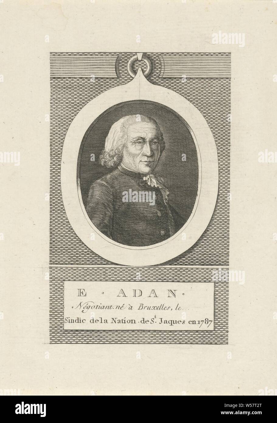 Portrait von E.Adan, Portraitbüste in Oval rechts von E.Adan, Berater von Saint-Jacques, ohne Kopfbedeckung. Unter dem Porträt der Name, Ort der Geburt und die Position der Person dargestellt in französischer Sprache aufgeführt sind, E.Adan, J.F. De La Rue, 1787, Papier, Gravur, H 208 mm x B 149 mm Stockfoto