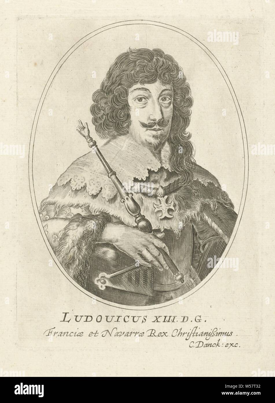 Porträt von Louis XIII., König von Frankreich in oval Ludouicus XIII D.G. Franciae und Navarra Rex Christianißimus (Titel auf Objekt), König von Frankreich in Oval, Büste, in der königlichen Mantel und Zepter in der Hand gekleidet, Louis XIII (König von Frankreich), Cornelis Danckerts (I), Niederlande, 1613 - 1656, Papier, Gravur, H 150 mm x B 110 mm Stockfoto