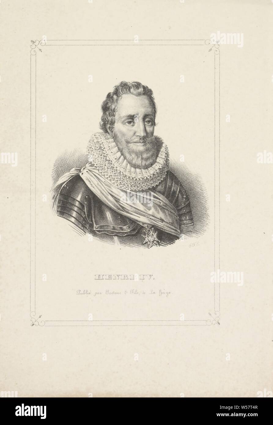 Portrait von Hendrik IV Serie von Porträts von Soetens & Fils aus dem Jahr 1838 (Titel der Serie), die Person dargestellt trägt eine mehrschichtige Mühlstein Kragen, ein Kabelbaumproblem, ein Flügel und eine Bestellung markieren. Unter dem Portrait sind Name, historische Personen ((Voll) Büste portrait), Orden, Henry IV (König von Frankreich und Navarra), Gerhardus Fredericus Eilbracht (auf Objekt erwähnt), Den Haag, 1838, Papier, H 222 mm x B 155 mm Stockfoto