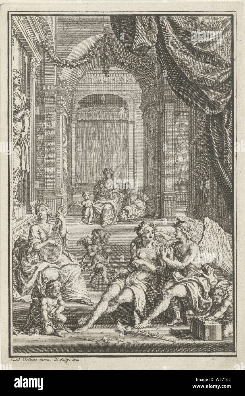 Allegorische Figuren in einem Tempel, ein Engel, Drei Putti und zwei geehrt Frauen sitzen in einem Tempel. Die Frau auf der linken Seite spielt der Laute, ein putto spielt die Flöte hinter ihr. Auf der rechten Seite ein Engel und eine Frau sind in einem Gespräch beim Putten um das Spielen mit Pfeil und Bogen. Im Hintergrund eine Frau ein Baby in Anwesenheit von zwei Kindern, Mäßigkeit säugt, 'Temperantia', 'Temperanza' (Ripa), einem der vier Kardinaltugenden, spielen Instrumente (in der Kirche), Amor: 'amores', 'Amoretti", "putten", Jacob Folkema (auf Objekt erwähnt), 1721, Papier, Ätzen, H 156 mm x B 104 mm Stockfoto