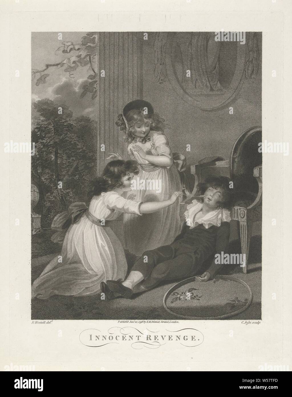 Interieur mit neckischen Kinder unschuldig Rache. (Titel auf Objekt), ein Mädchen, das kitzelt einen schlafenden Jungen mit einem Grashalm, ein zweites Mädchen Uhren, Necken (Spiele für Kinder und spielt), Christiaan Josi (auf Objekt erwähnt), London, 20-Jan-1796, Papier, Gravur, H 456 mm x B 358 mm Stockfoto