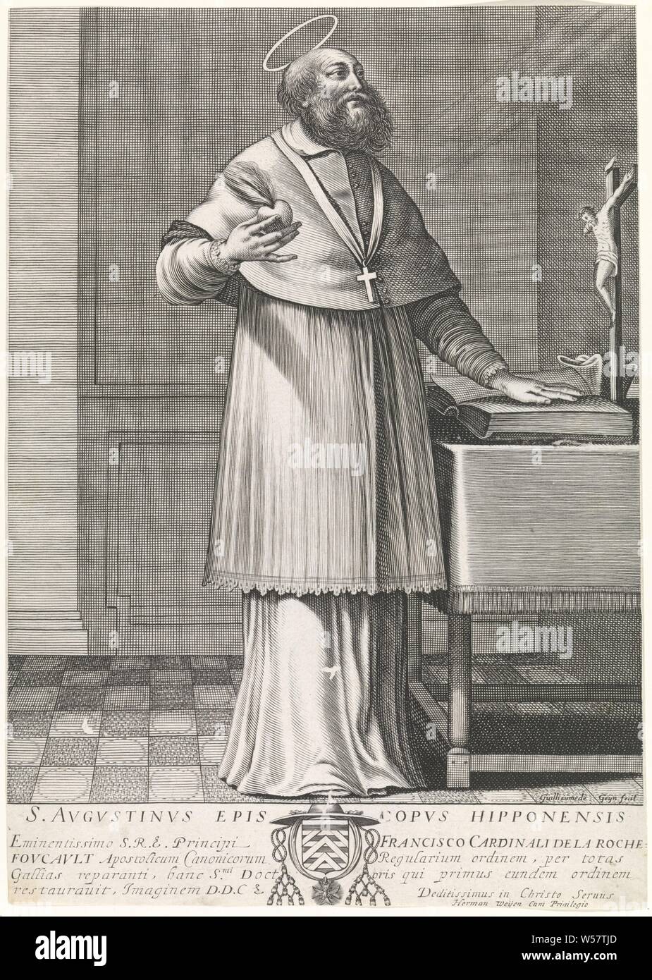 Der Hl Augustinus Von Hippo Der Kirche Des Heiligen Augustinus Von Hippo Er Steht Vor Einem Tisch Mit Einer Bibel Und Einem Kruzifix Und Halt Ein Brennendes Herz In Der Hand Der