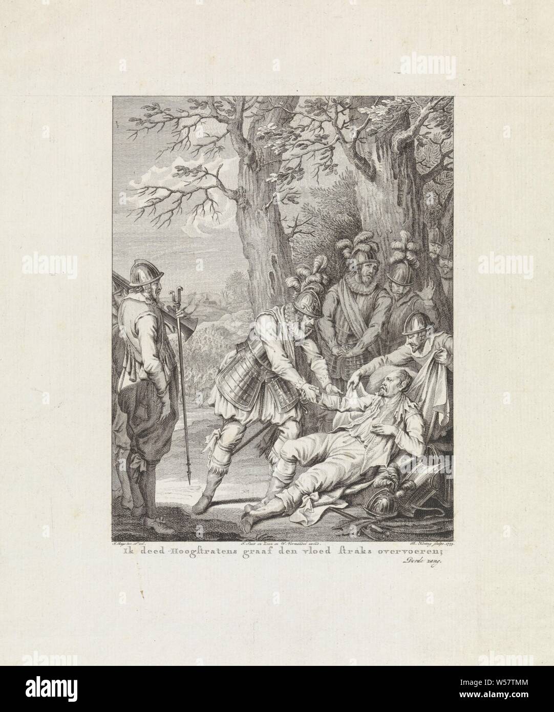 Der Tod des Grafen von Hoogstraten, 1568 Ich Led's Hoogstraten zählen Flut die Flut (Titel auf Objekt) Szenen aus dem Leben von Prinz William I, 1568-1584 (Titel der Serie), am 11. Dezember 1568 Anthony van Lalaing, Grafen von Hoogstraten, stirbt unter Soldaten, während seine Hand von Prinz William I. Diese Drucken ist Teil einer Serie von 24 Drucke mit Szenen aus dem Leben von Prinz William I, 1568-1584 und ist eine Illustration für das dritte Lied, sterben, Anthonis van Lalaing (Grafen von hoogstraten), William I (Prinz von Oranien), Theodoor Koning (auf Objekt erwähnt), Amsterdam, 1779, Papier, Radierung gehalten wird Stockfoto